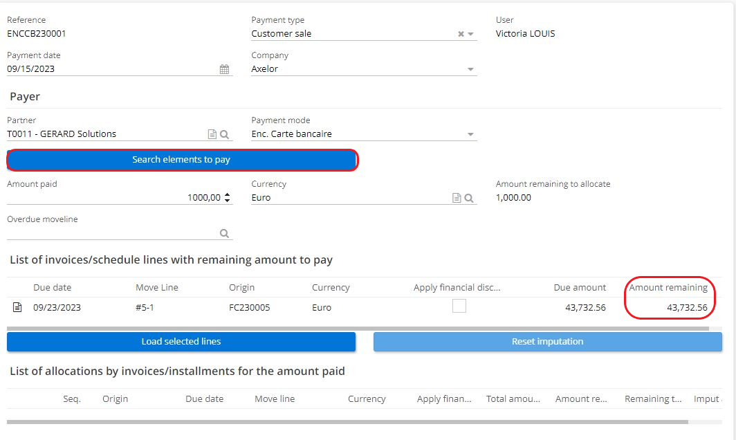 1.9. The Payment Assistant file (Accounting → Payment → Payment Assistant → New). The “Search elements to pay” button is used to display lines in the List of invoices/scheduled lines with remaining amounts.
